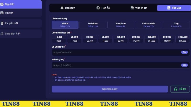 Kiểm tra lại hạn mức khi nạp tiền, rút tiền TIN88